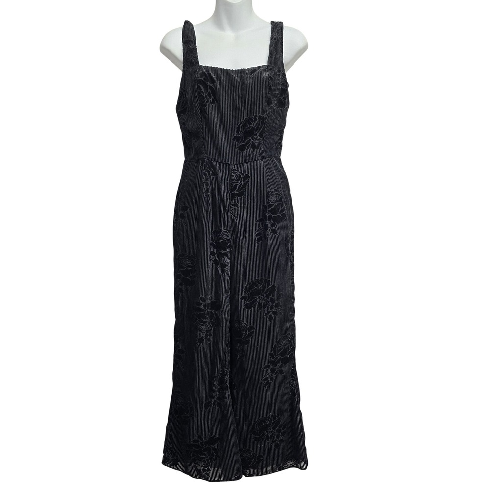 Moulinette Soeurs Anthropologie Black Velvet Burnout Floral Wide Leg Jumpsuit 4